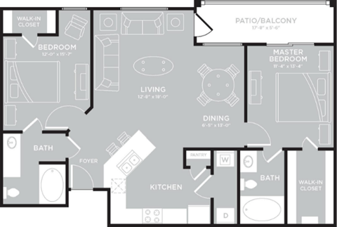 Floor plan for 2 beds, 2 baths, 1046 sqft